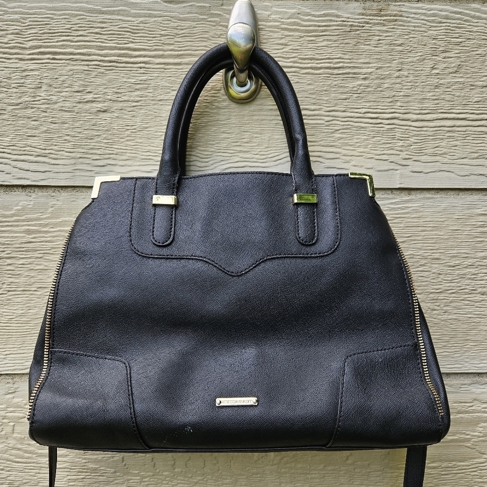 Rebecca Minkoff black leather satchel with gold tone zipper accent